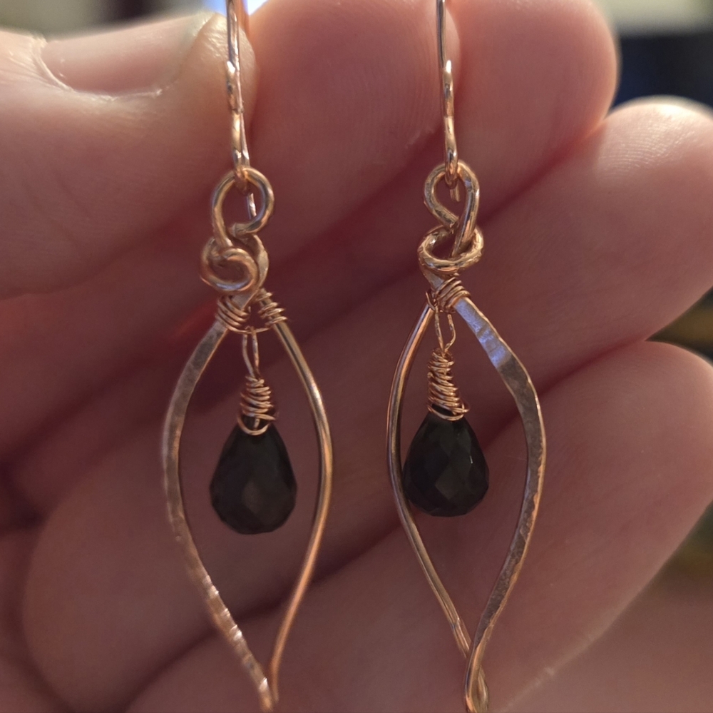 Hammered Copper Earrings With Smokey Quartz Briolettes